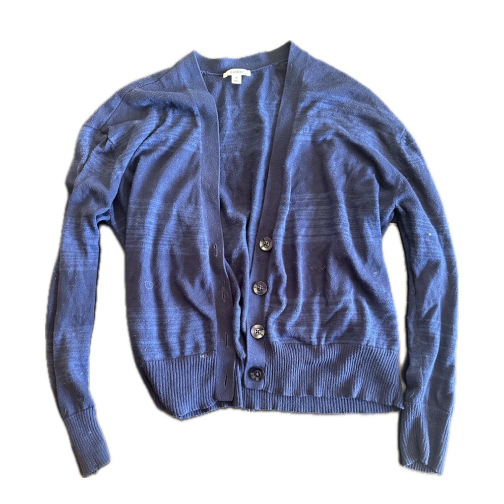 Blue and navy striped cardigan sweater